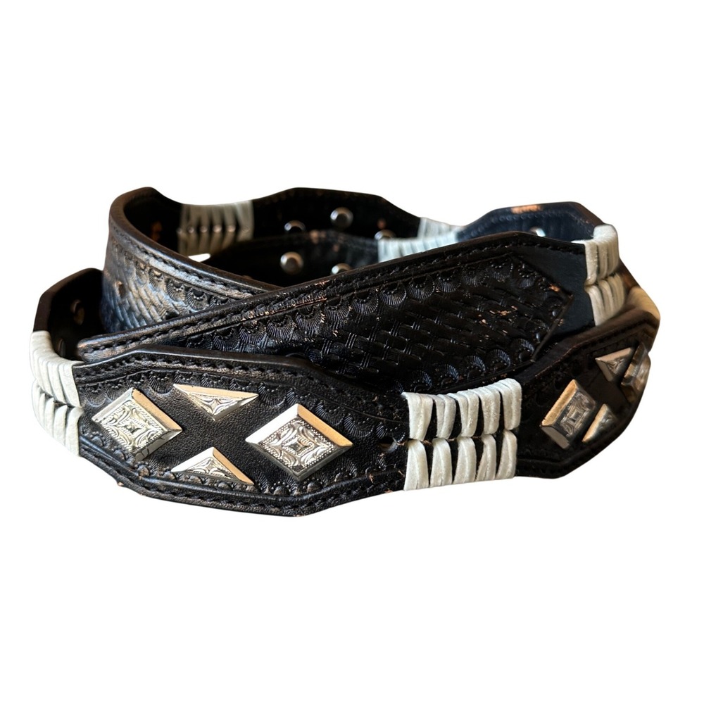 Cinch Mens Black Tooled Leather Western Belt Silver Studded White Whipstitch 42